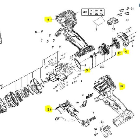 Ensemble carcasse et interrupteur perceuses MILWAUKEE C18PD