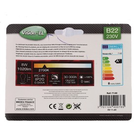 Ampoule LED baionnette B22 - 230 VOLT puissance 8W - 1020 LUMENS - 2700K