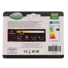 Ampoule LED baionnette B22 - 230 VOLT puissance 8W - 1020 LUMENS - 2700K
