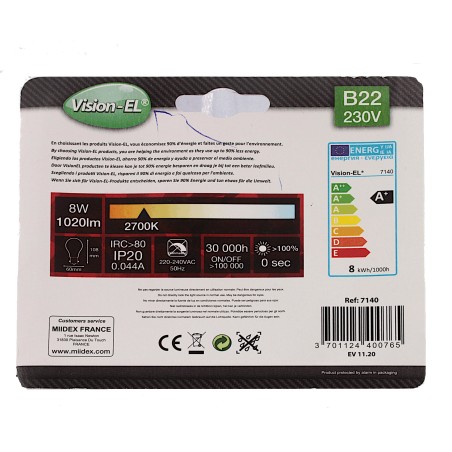 Ampoule LED baionnette B22 - 230 VOLT puissance 8W - 1020 LUMENS - 2700K