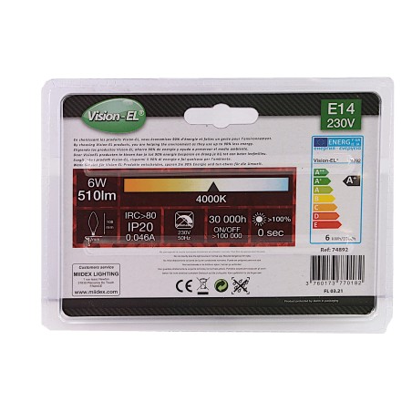 Ampoule LED à vis E14 - 230 VOLT puissance 6W - 510 LUMENS - 4000K