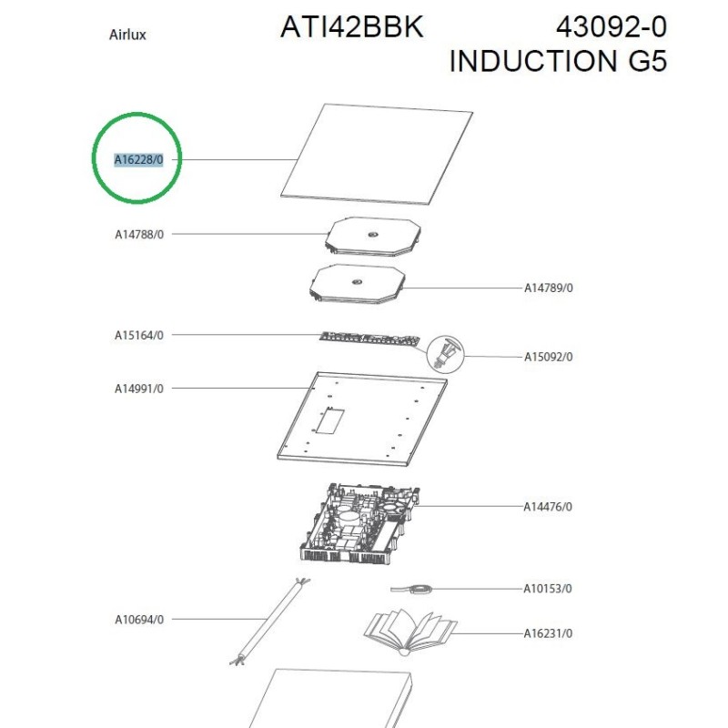 Verre ZA16228/0 pour table de cuisson induction AIRLUX ATI42BBK